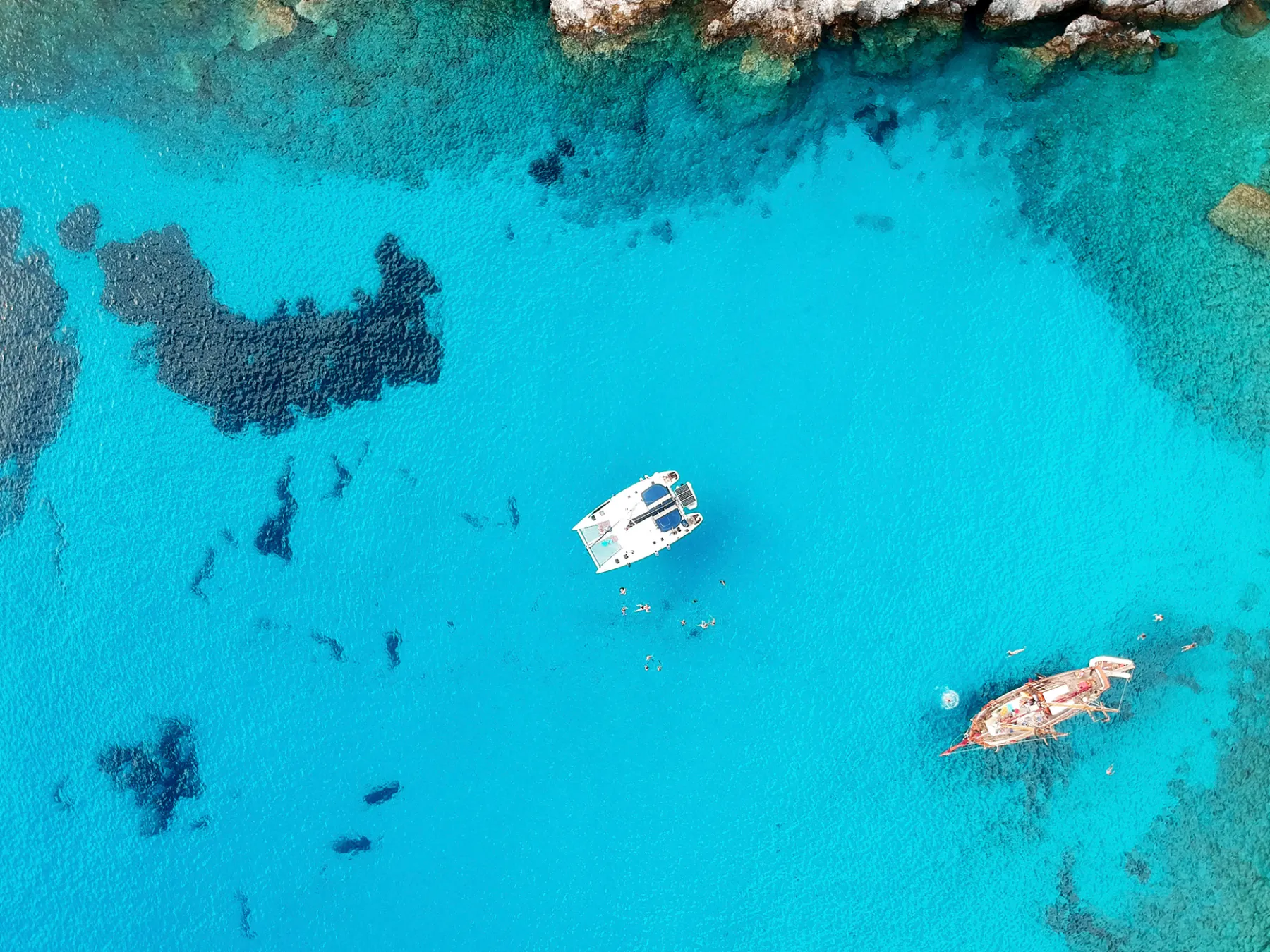 A drone photo of our catamaran in Galazia Nera in Poliegos