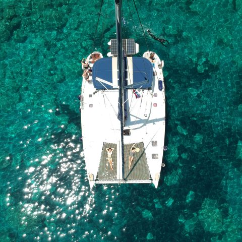 A drone photo of our catamaran DANI L in the bay of Kalogries
