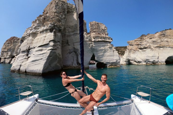 Couple photo in front of the famous Kleftiko rock