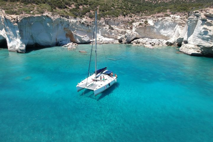 Catamaran in Kleftiko Milos for snorkelling in crystal clear waters