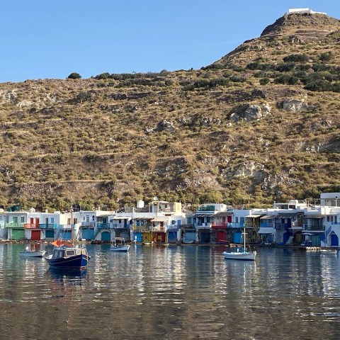 Passing by Klima in Milos with a Polco catamaran