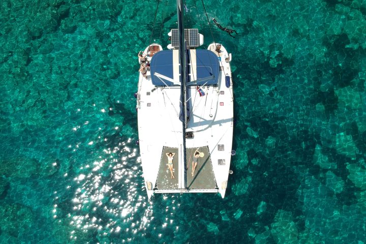 A drone photo of our catamaran DANI L in the bay of Kalogries