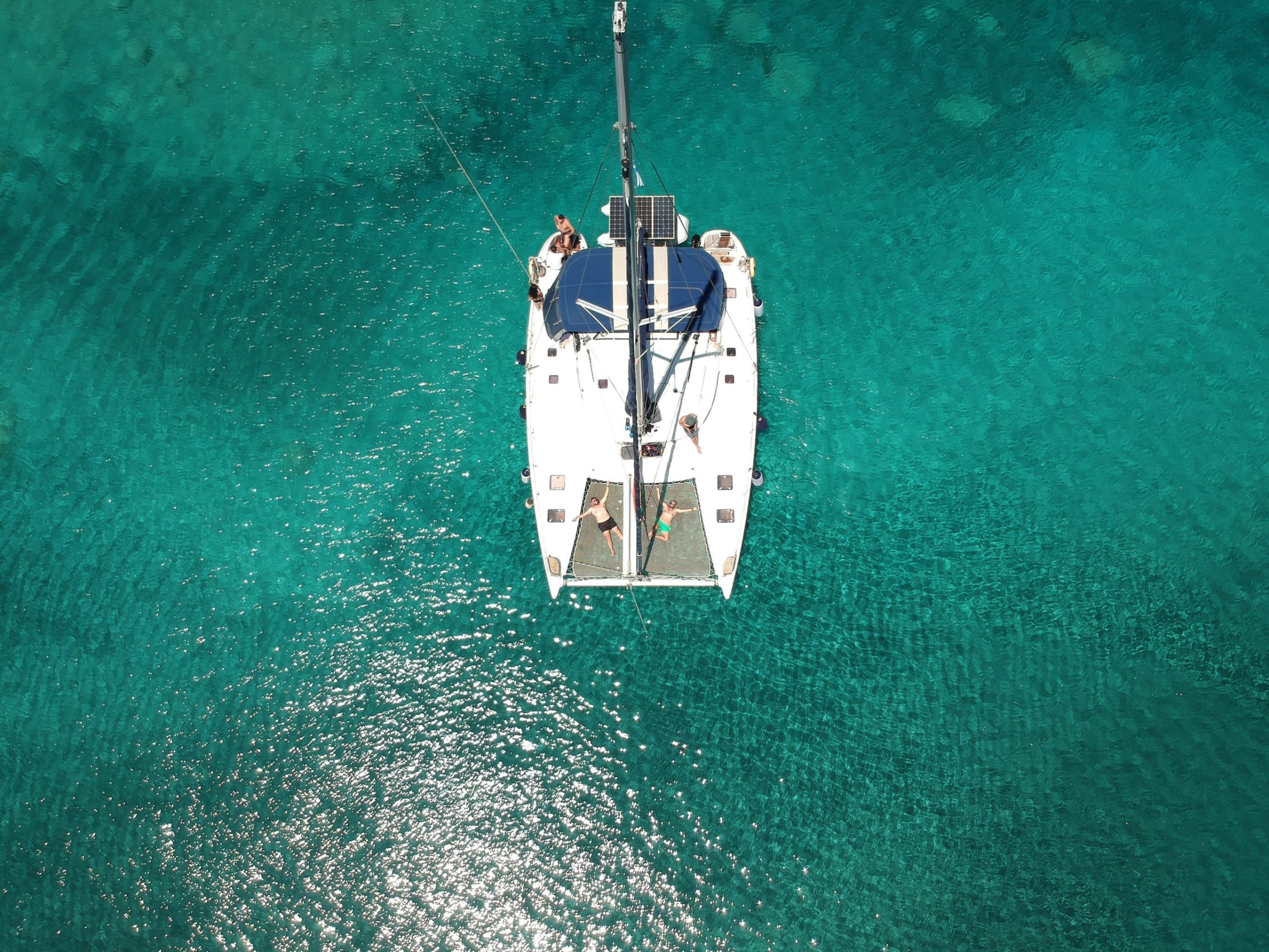 Our catamaran anchored in the bay of Kalogries