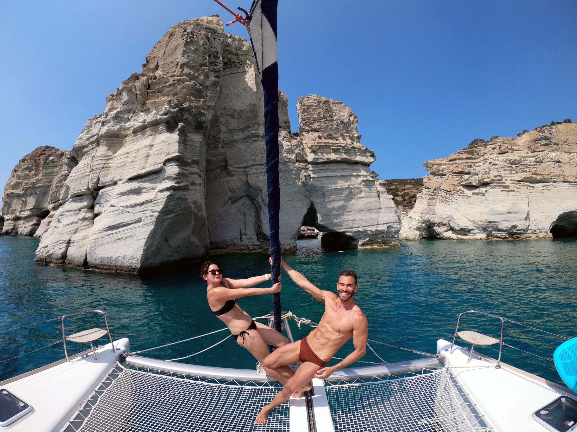 Couple photo in front of the famous Kleftiko rock