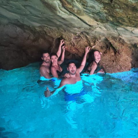 Photo in the blue cave in Kleftiko with an fluorescent color of water